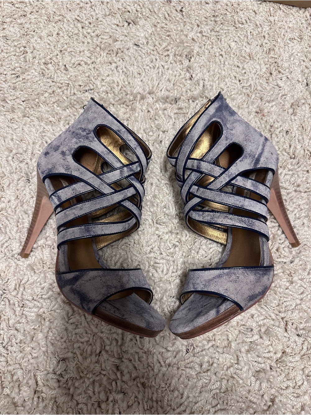 Cynthia Vincent Y2K Blue Suede Cage Stiletto Sandals Heels 7.5